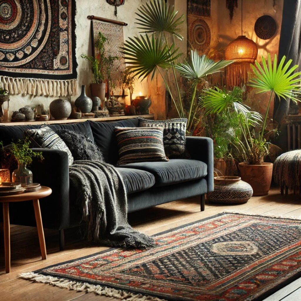 Bekväm svart soffa i bohemisk stil Bekväm svart soffa i bohemisk stil.