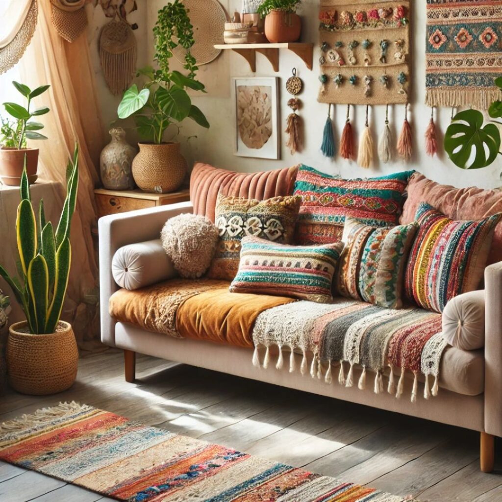 En bekväm, smal soffa i bohemisk stil med färgglada kuddar och eklektisk inredning En bekväm, smal soffa i bohemisk stil med färgglada kuddar och eklektisk inredning.
