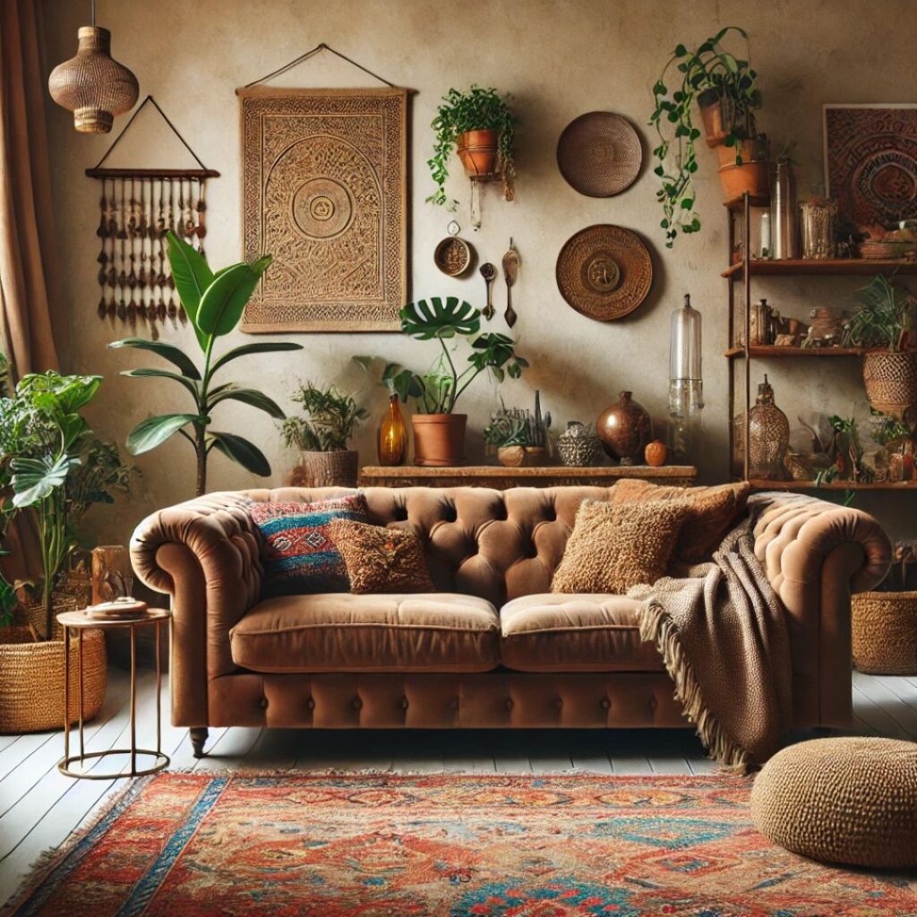 En djup, komfortabel soffa i bohemisk stil med mönstrade mattor och växter En djup, komfortabel soffa i bohemisk stil med mönstrade mattor och växter.