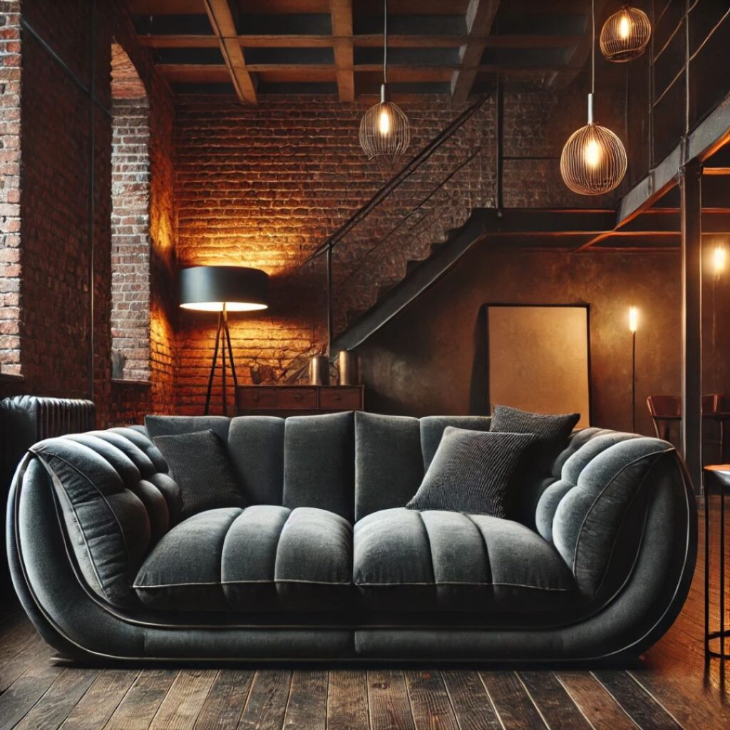 En djup, mysig soffa i industriell stil med tegelväggar En djup, mysig soffa i industriell stil med tegelväggar.