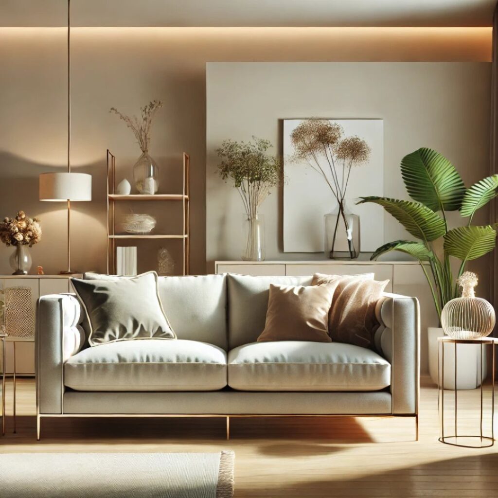 En elegant soffa i ett smakfullt dekorerat vardagsrum En elegant soffa i ett smakfullt dekorerat vardagsrum.
