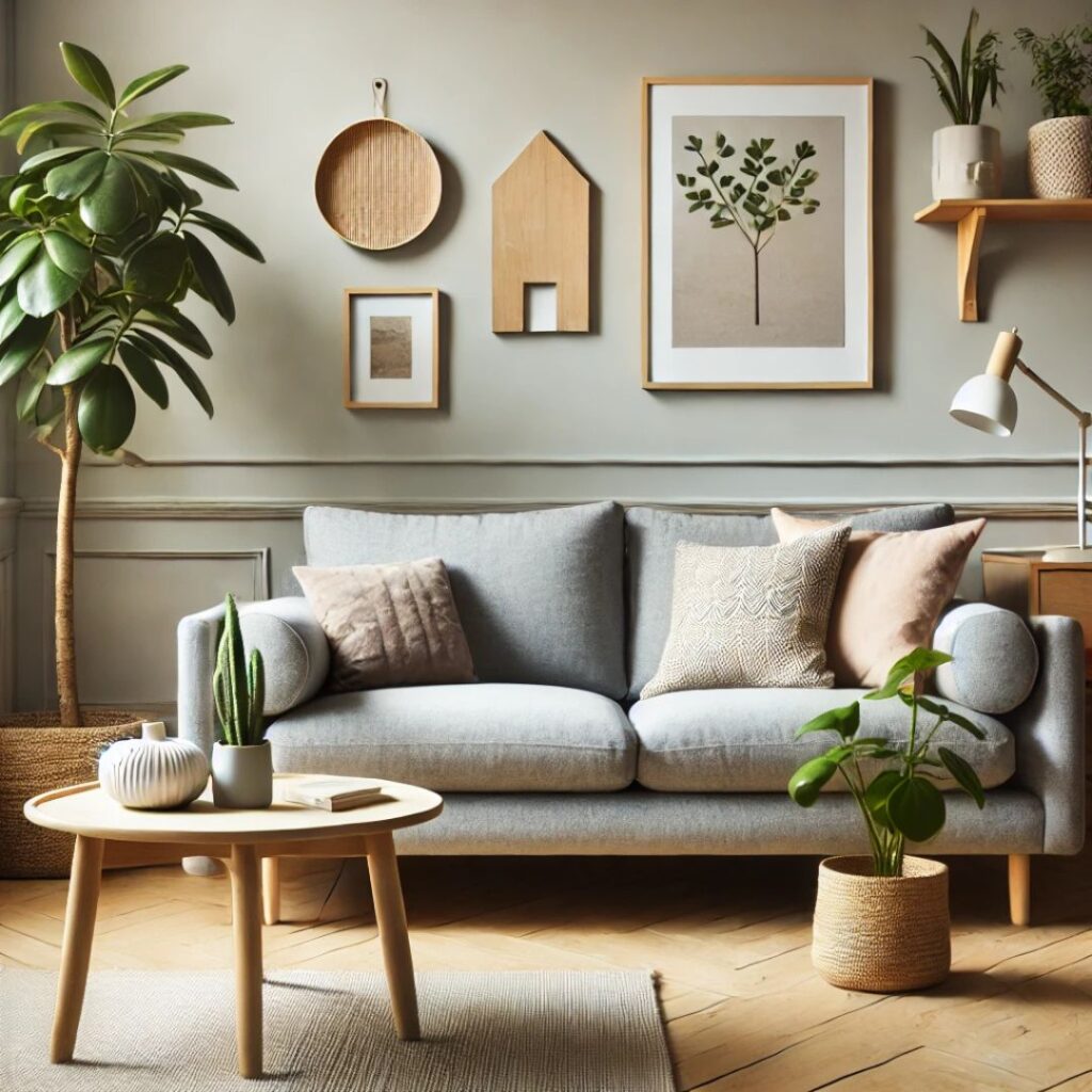 En grå soffa i skandinavisk stil med ljusa trädetaljer En grå soffa i skandinavisk stil med ljusa trädetaljer.
