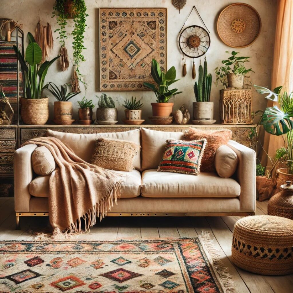En inbjudande beige soffa i bohemisk stil En inbjudande beige soffa i bohemisk stil.