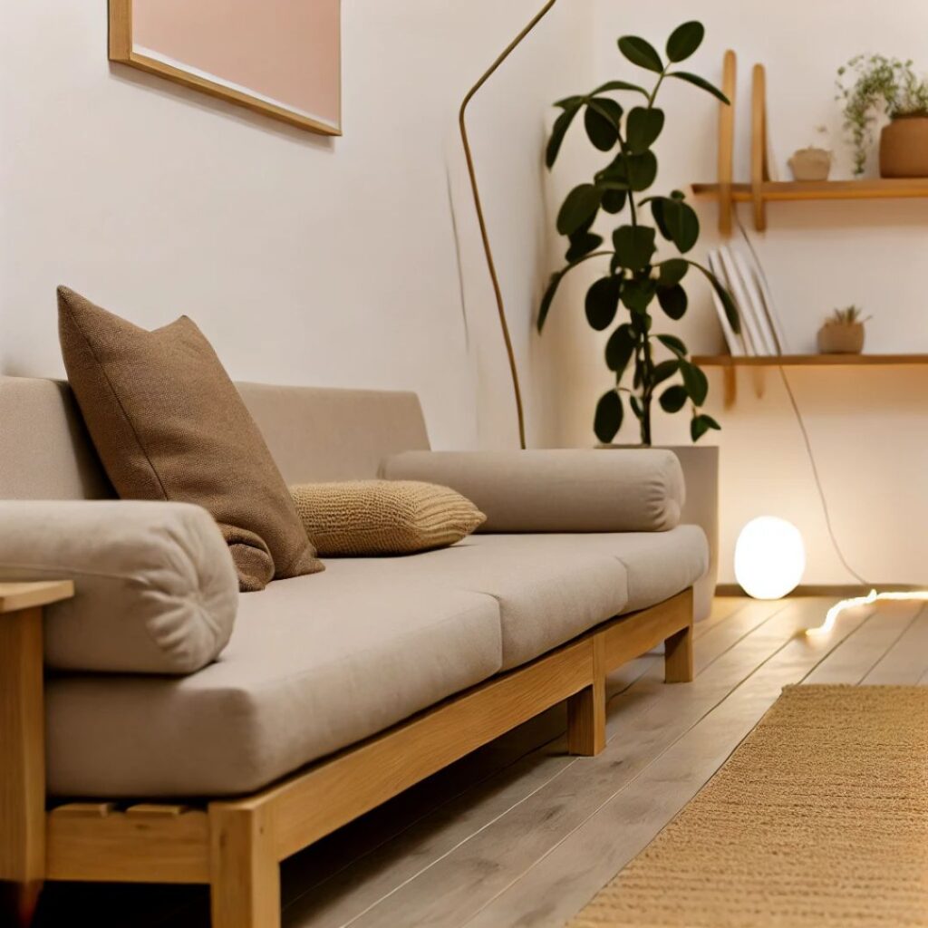 En låg, stilren soffa med neutrala toner och enkel dekor En låg, stilren soffa med neutrala toner och enkel dekor.