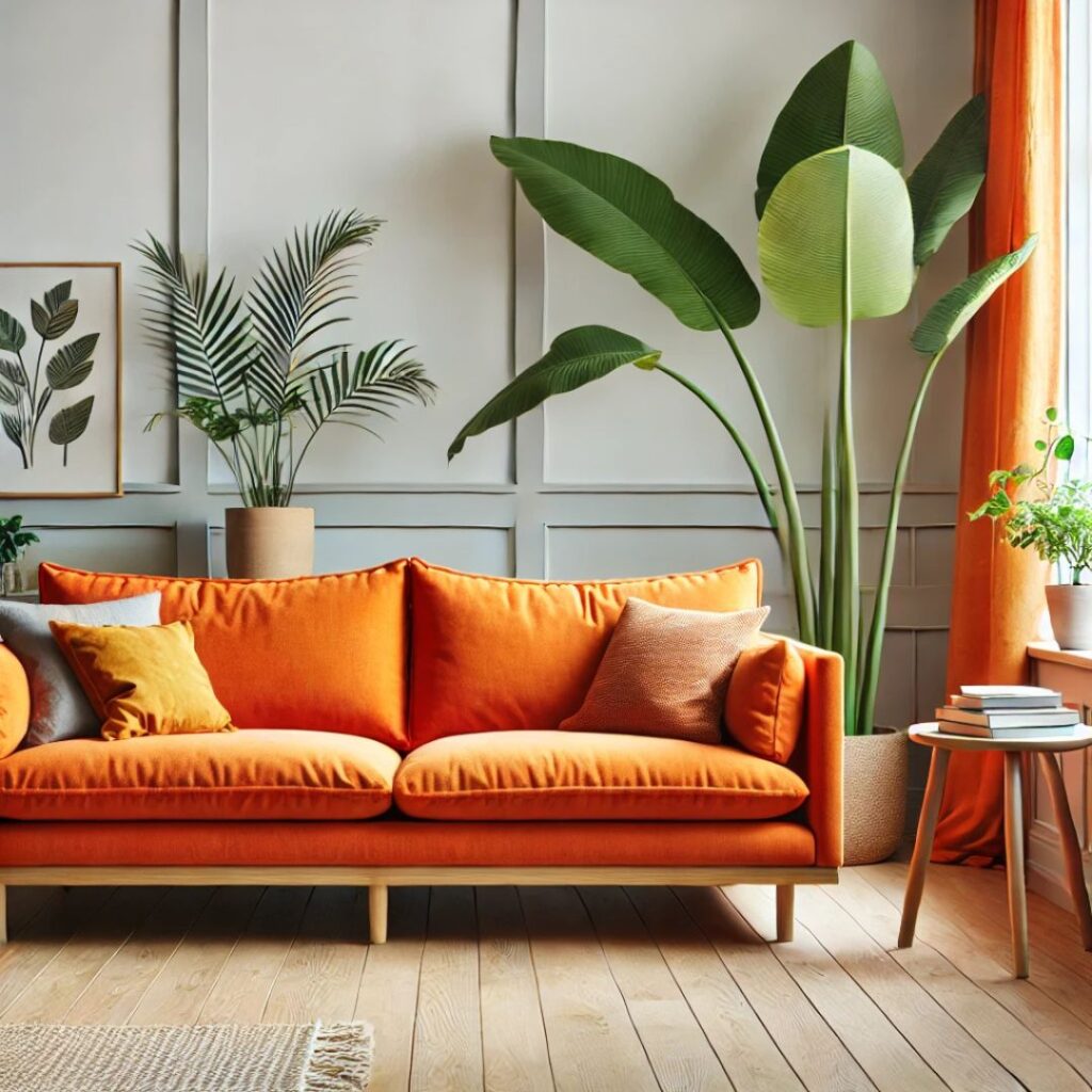 En livfull orange soffa i skandinavisk stil En livfull orange soffa i skandinavisk stil.