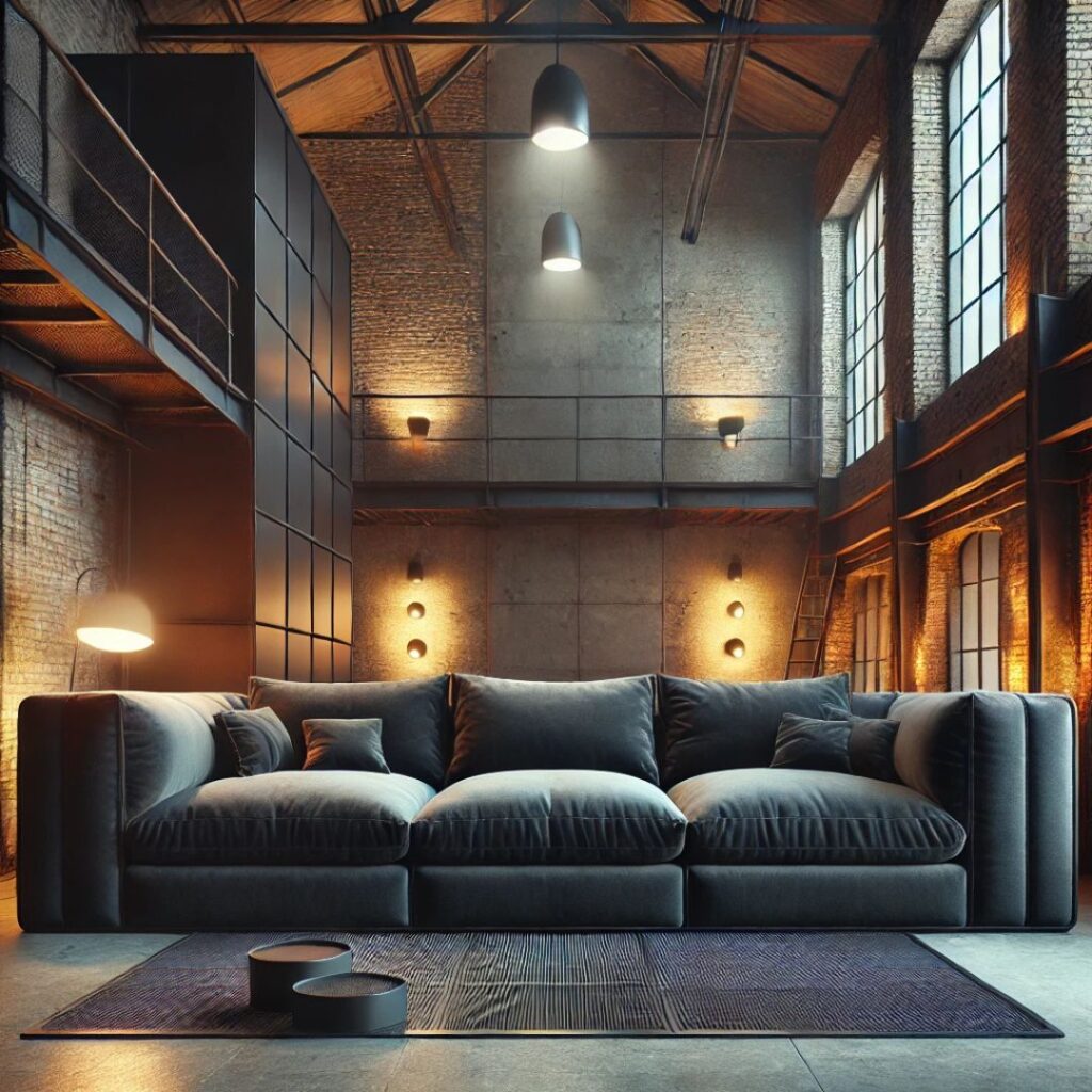 En modern XL-soffa i en industriell miljö med mörka tyger och tegelväggar En modern XL-soffa i en industriell miljö med mörka tyger och tegelväggar.