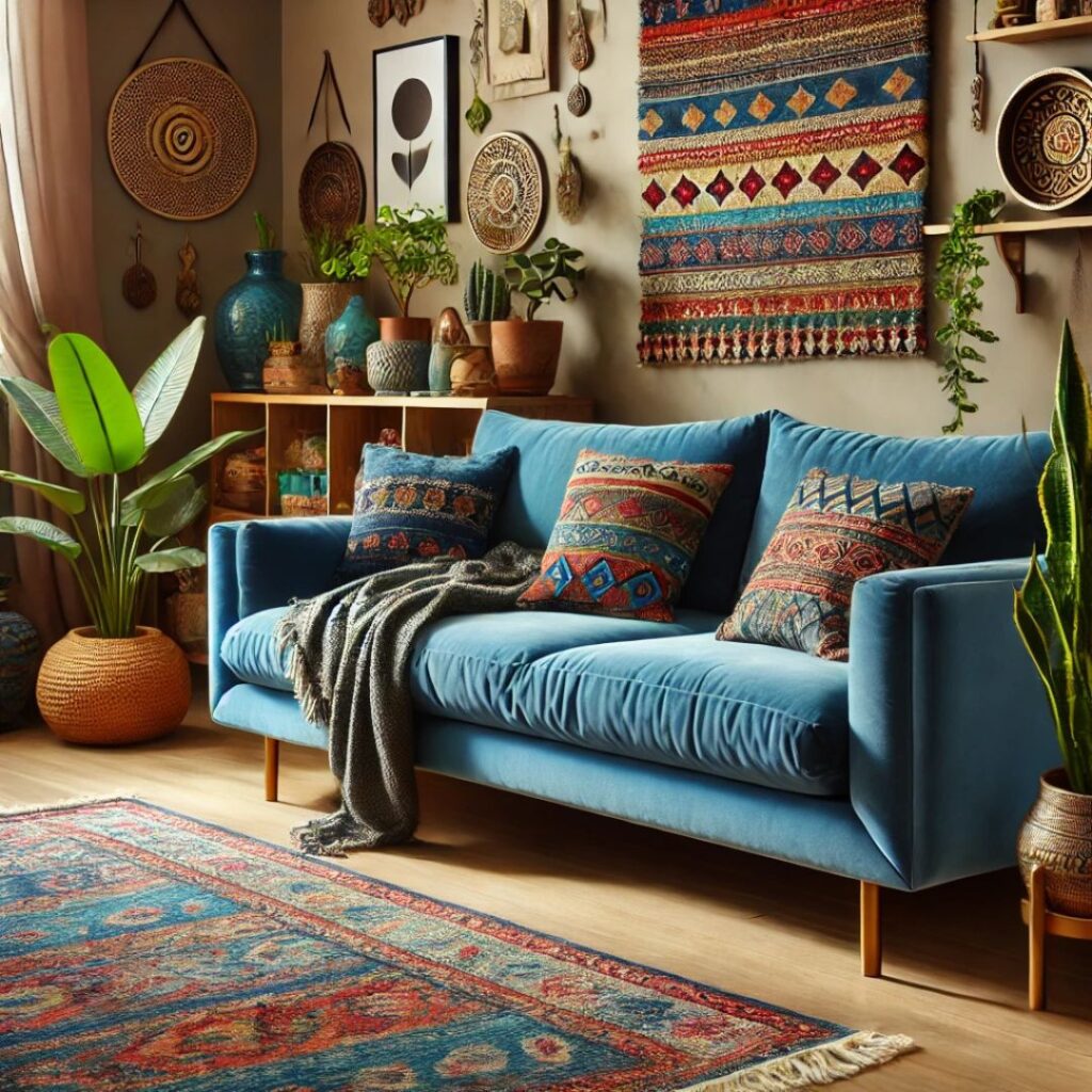 En modern blå soffa i bohemisk stil, med mönstrade mattor och växter En modern blå soffa i bohemisk stil, med mönstrade mattor och växter.