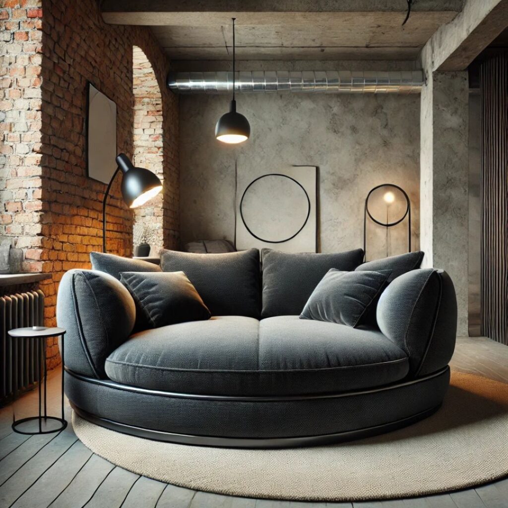 En modern rund soffa i industriell stil med mörka tyg och metallinslag En modern rund soffa i industriell stil med mörka tyg och metallinslag.