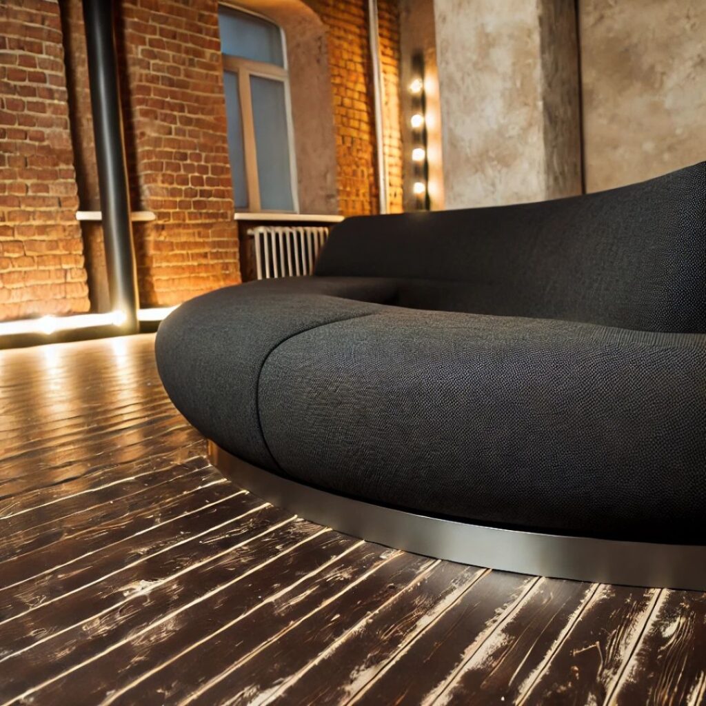En modern svängd soffa i industriell stil med mörkt tyg och metallinslag En modern svängd soffa i industriell stil med mörkt tyg och metallinslag.