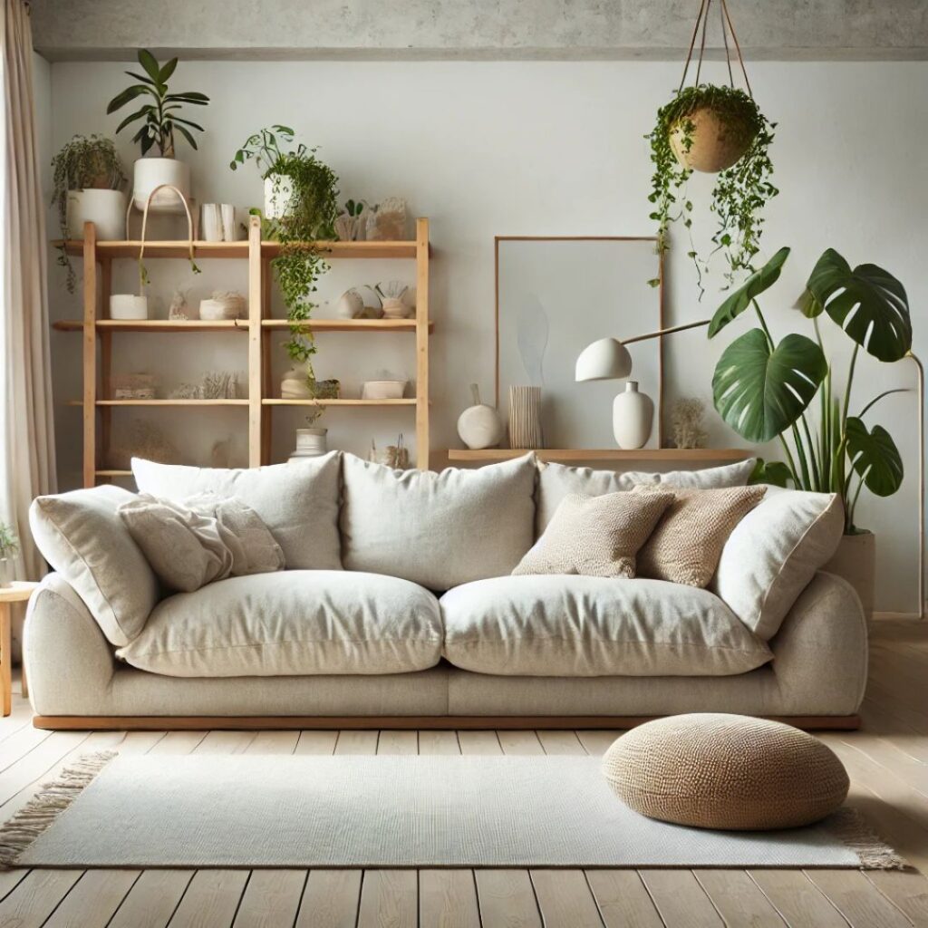 En rymlig XL-soffa i skandinavisk stil med mjuka färger och minimalistisk inredning En rymlig XL-soffa i skandinavisk stil med mjuka färger och minimalistisk inredning.
