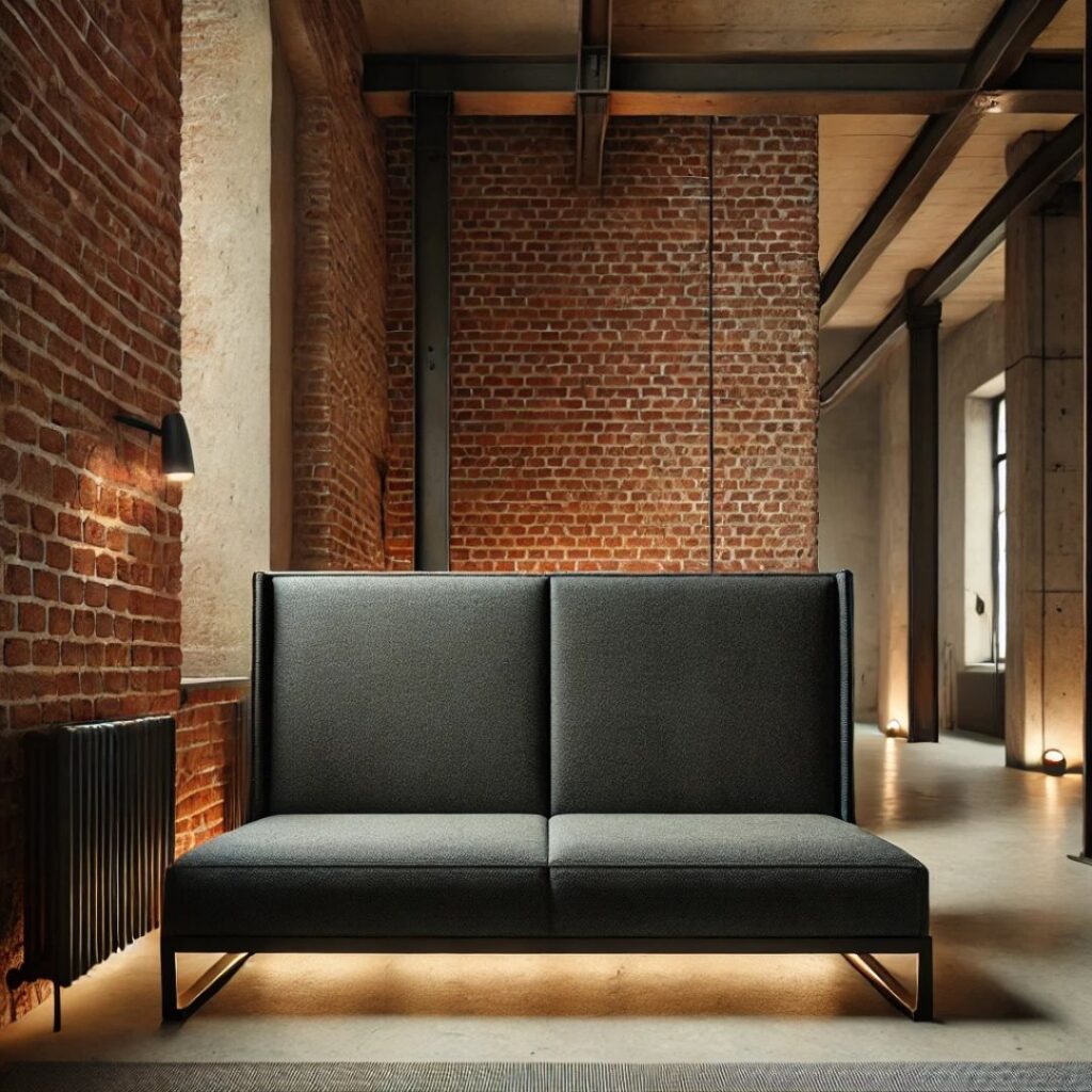 En smal, modern soffa i industriell stil med mörka tyg och metallinslag En smal, modern soffa i industriell stil med mörka tyg och metallinslag.