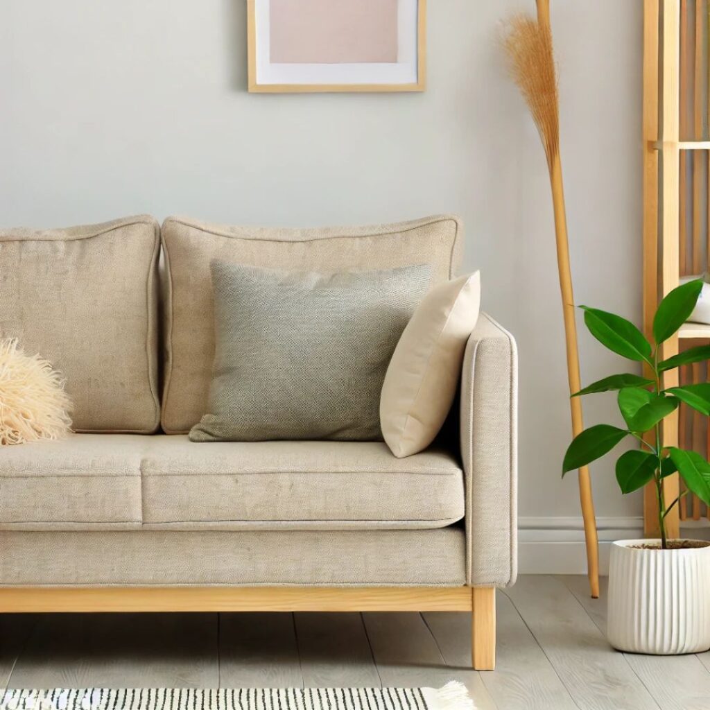 En stilren, liten soffa i en minimalistisk inredning med fokus på funktion och enkelhet En stilren, liten soffa i en minimalistisk inredning med fokus på funktion och enkelhet.
