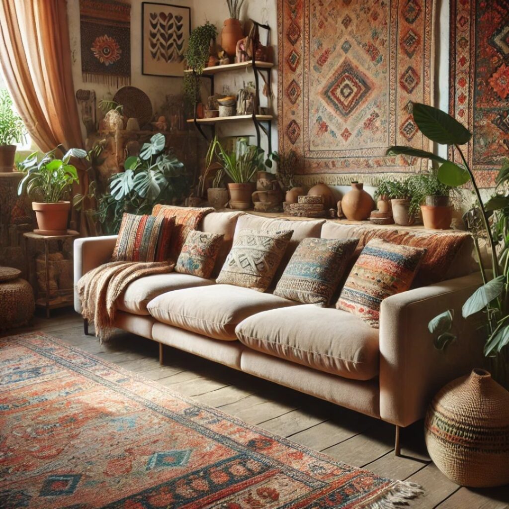 En stor, komfortabel soffa i bohemisk stil med mönstrade mattor och växter En stor, komfortabel soffa i bohemisk stil med mönstrade mattor och växter.