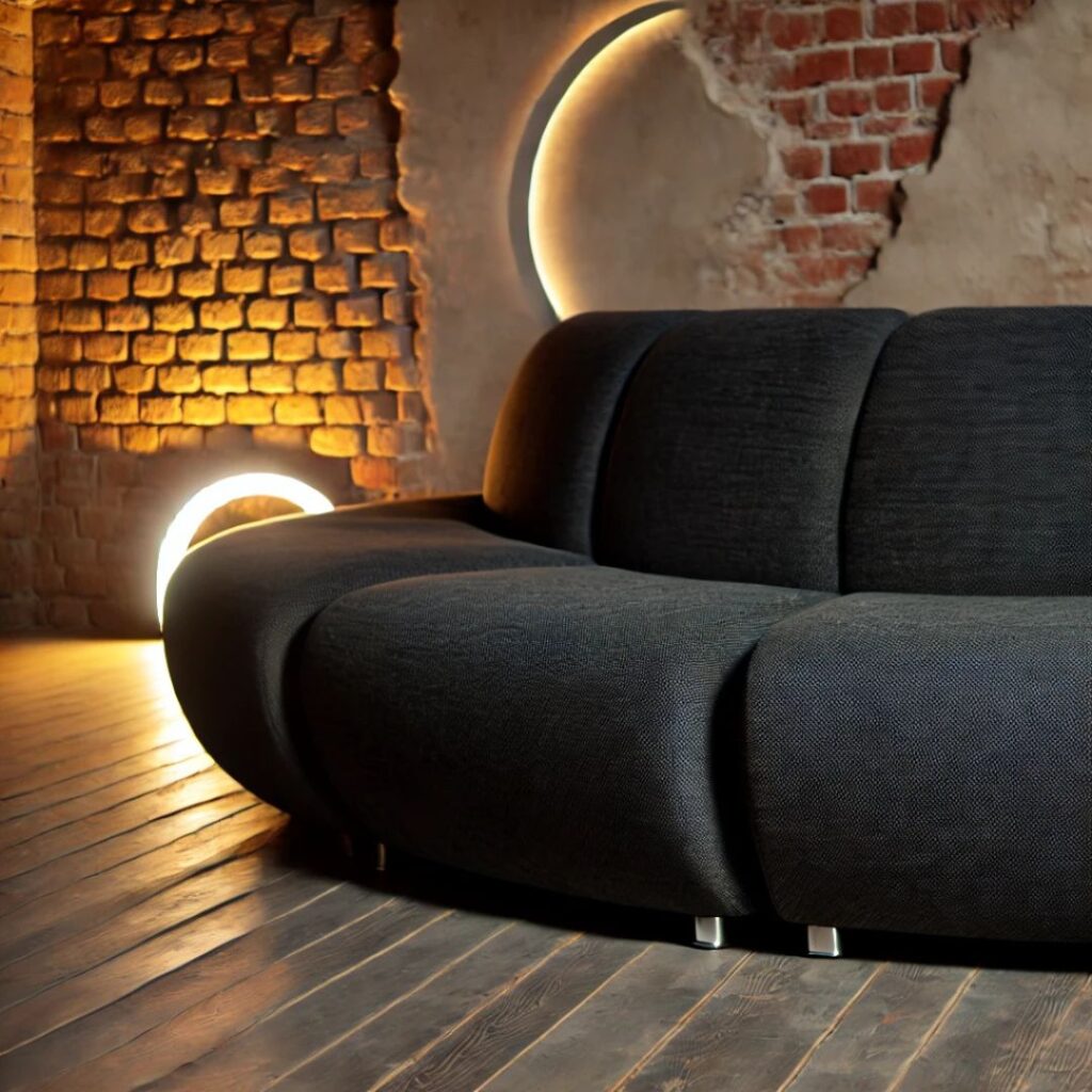 En svängd soffa i modern svart stil bland industriell inredning och tegelvägg En svängd soffa i modern svart stil bland industriell inredning och tegelvägg.
