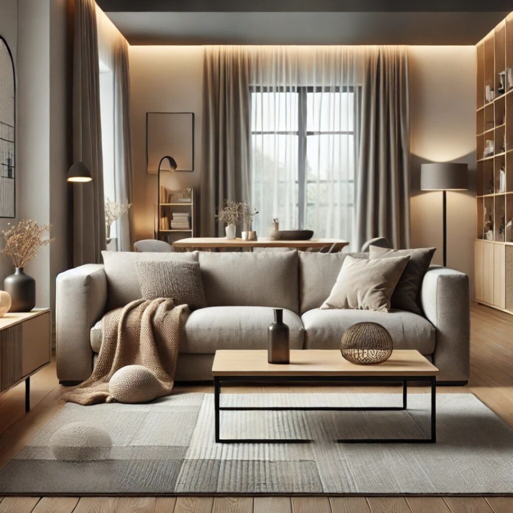 Ett stilrent vardagsrum med en mellanstor matta under en stilfull soffa, perfekt för att skapa en harmonisk atmosfär Ett stilrent vardagsrum med en mellanstor matta under en stilfull soffa, perfekt för att skapa en harmonisk atmosfär.