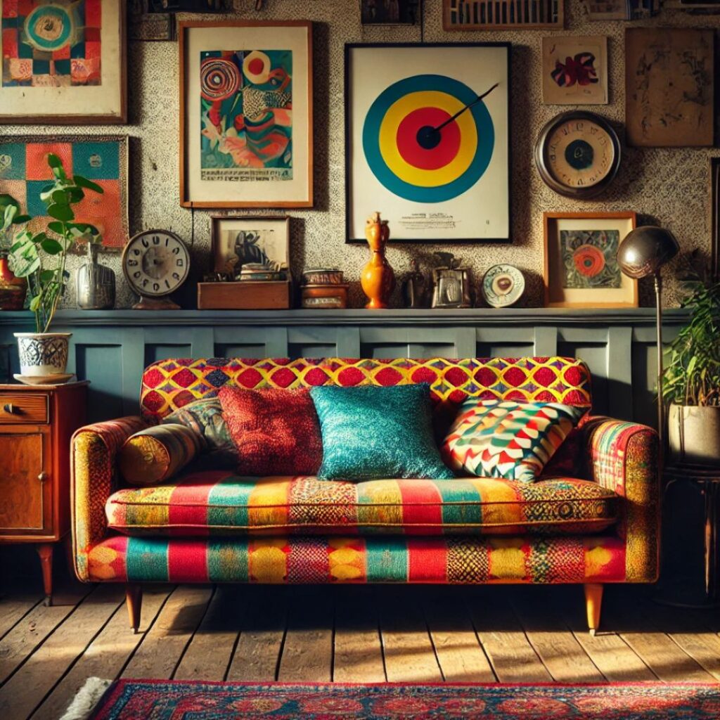 Färgstark retrosoffa i en vintageinspirerad miljö med mönstrade kuddar Färgstark retrosoffa i en vintageinspirerad miljö med mönstrade kuddar.
