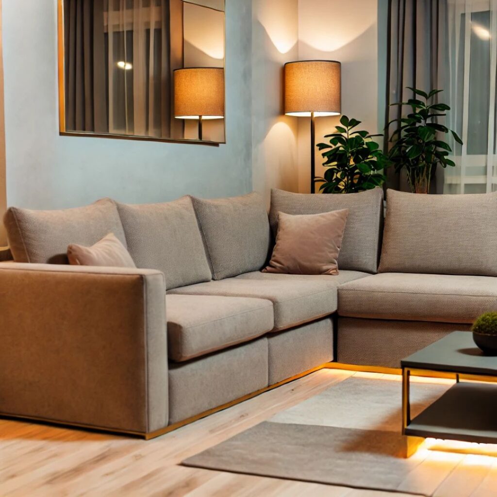 Modern hörnsoffa i ett skandinaviskt vardagsrum med neutrala färger och minimalistisk inredning Modern hörnsoffa i ett skandinaviskt vardagsrum med neutrala färger och minimalistisk inredning.