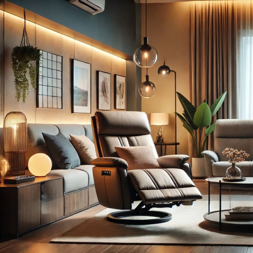 Modern reclinersoffa i ett mysigt vardagsrum med mjuka, neutrala toner och bekväma sitsar Modern reclinersoffa i ett mysigt vardagsrum med mjuka, neutrala toner och bekväma sitsar.