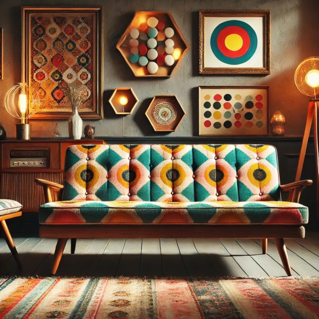 Retrosoffa i mid-century modern stil med träben och geometriska mönster Retrosoffa i mid-century modern stil med träben och geometriska mönster.