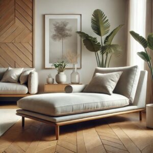 Skandinavisk stil – En minimalistisk schäslongsoffa med ljusa trädetaljer och neutrala toner.