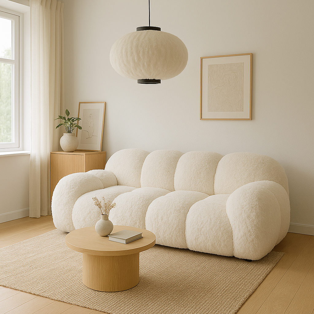 Beige fluffig soffa i skandinavisk inredd vardagsrum i beige och vit färgkombination.
