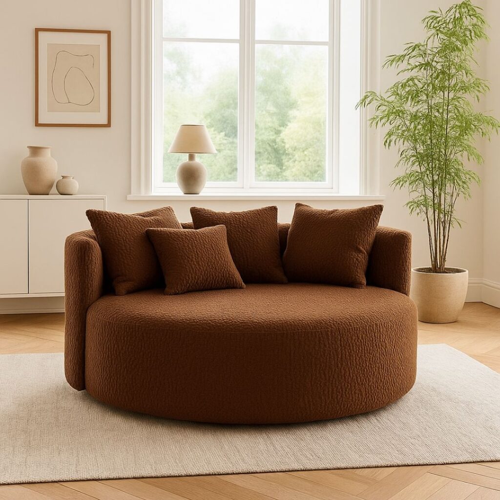 En beige rund soffa i teddy material i en skandinavisk inredning med ljus färgkombination.