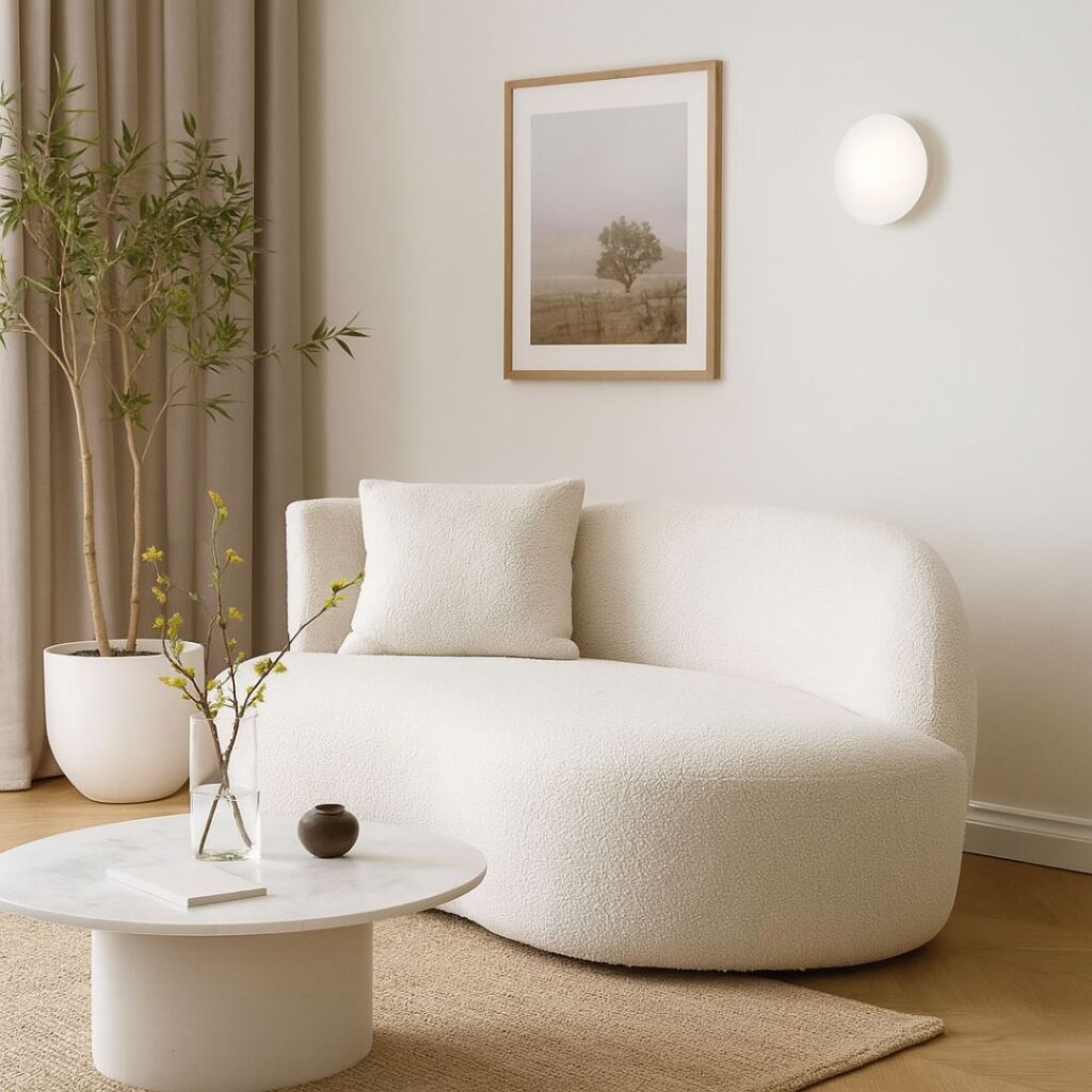 En ljus krämfärgad soffa med runda former som kompletterar den skandinaviska och moderna inredningsstilen En ljus krämfärgad soffa med runda former som kompletterar den skandinaviska och moderna inredningsstilen.
