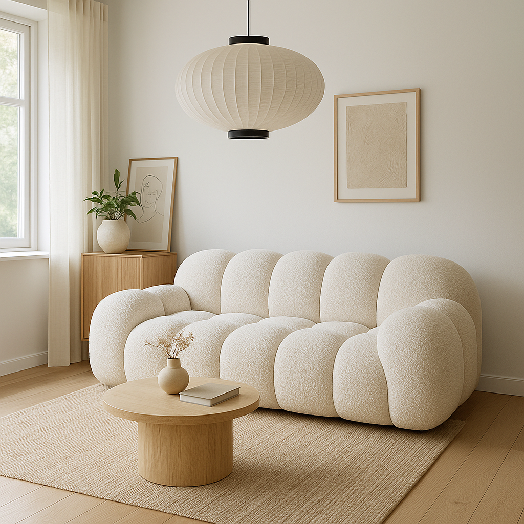 En ljusbeige bubblig soffa i ett ljust rum i skandinavisk inredningsstil.